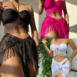 China Fringe Sling 3 Piece Swimwear Set Perspective Mesh Three Piece Swim Set Bikini Ladies Swimsuit wholesale