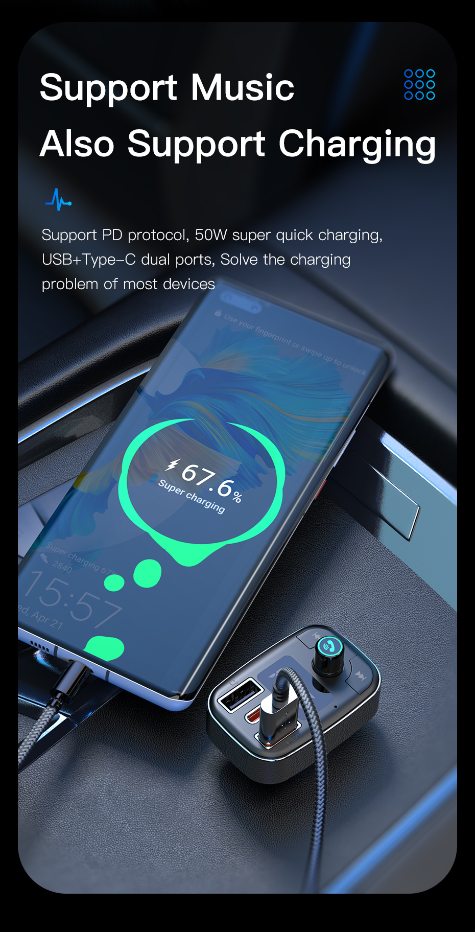 BlueCat FM Blue MP3 Car Charger 50W Fast Charge For Phone USB A USB C U Disk