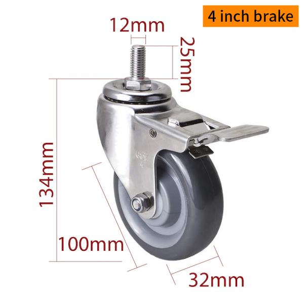 EDL 4Inch Stainless Steel Caster Loading 150Kg with TPU Wheel Threaded Swivel/Brake S544S-75