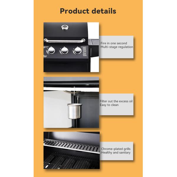 40000BTU Stainless Steel Gas 3 1 Burners BBQ Trolley Gas BBQ Grill Outdoor with Cabinet