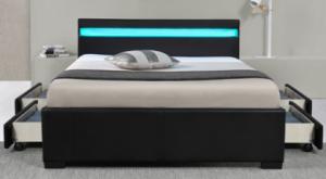 Sunny LED Upholstered Bed Frame With Storage Drawers Black PU Fabric
