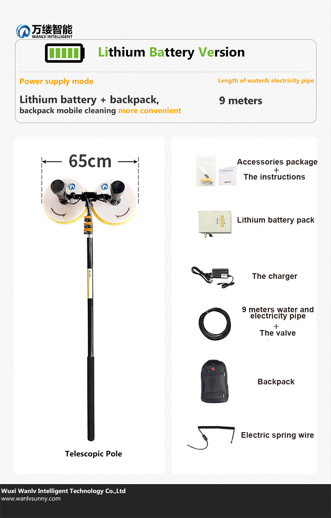Water Powered Solar Panel Cleaning Tool Portable Solar Panel Cleaning Brush with Double Rotating Heads and 7.5-Meter Telescopic Pole