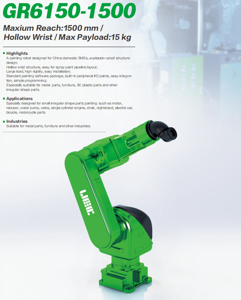 Painting Robot For Small Irregular Parts In Metal Parts And Furniture Indusries GR6150-1500 Payload 15kg Reach 1500mm