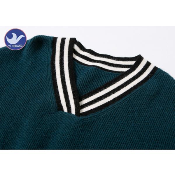 Dark Green Ribs Womens Knit Pullover Sweater Stripes in V Neck , Cuff And Welt