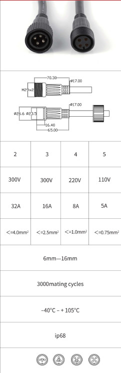 M29 2 3 4 5 Pin LED Outdoor Waterproof Connector Cable Solar Power Cable Nylon / PVC