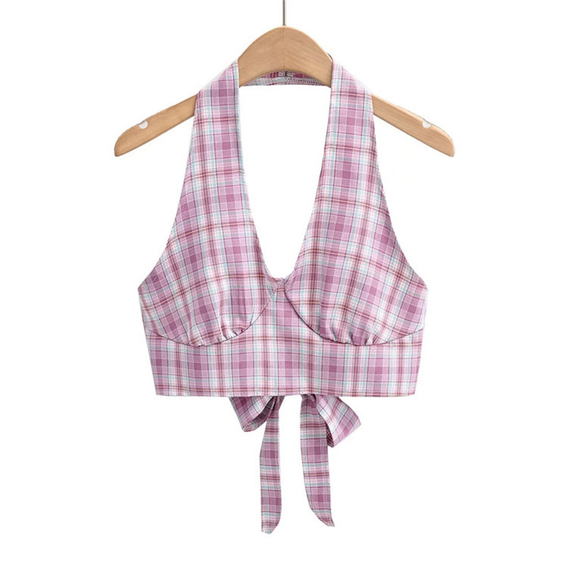 Deep V Neckline Purple white black Plaid Crop Vest womens cotton sleeveless tops
