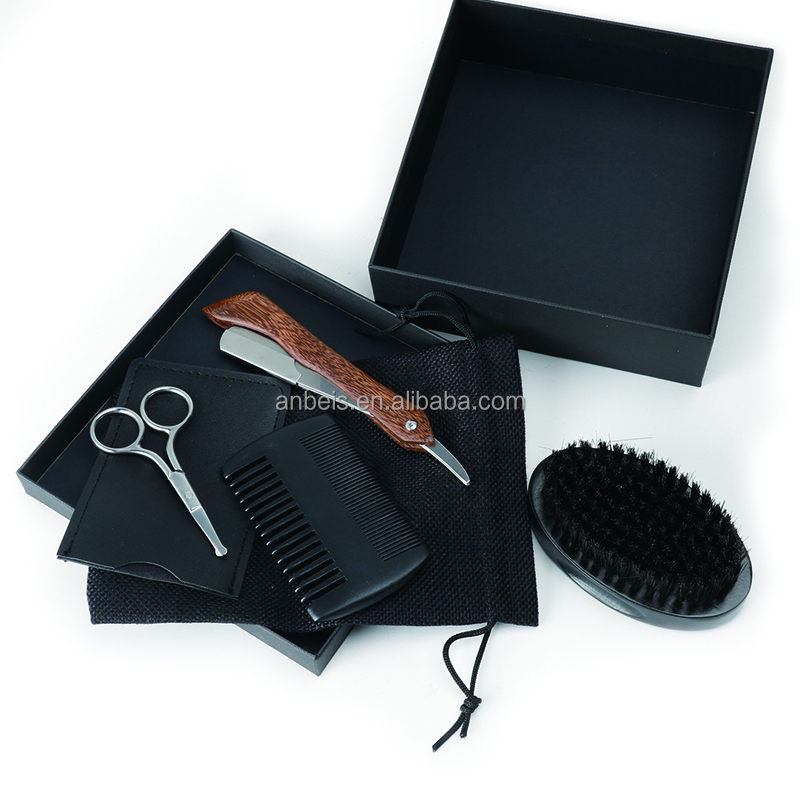 Customize Logo Black Beard Brush And Comb Set With Beard Razor Shaving Scissors