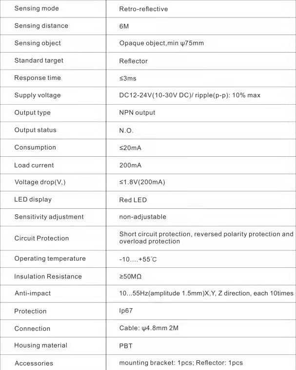 Infrared Reflective Photocell Sensor with 7m Detection Range Used for Door Safety