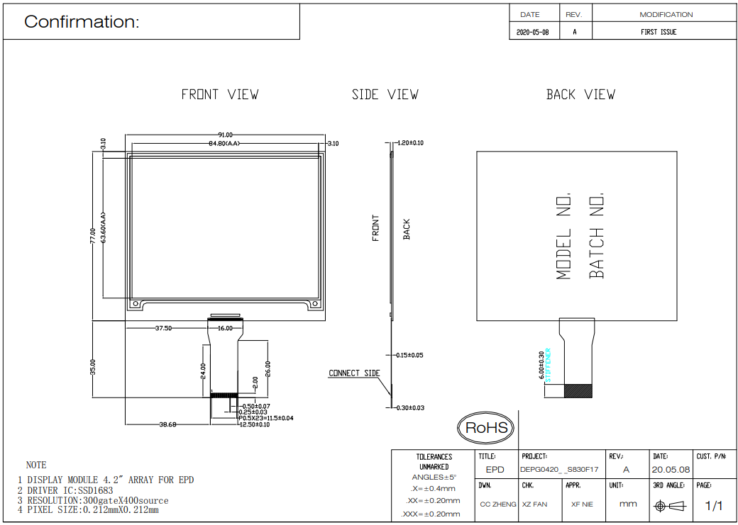 4.2'' E Paper Display With 400x300 Pixel For Price Label Display E Book