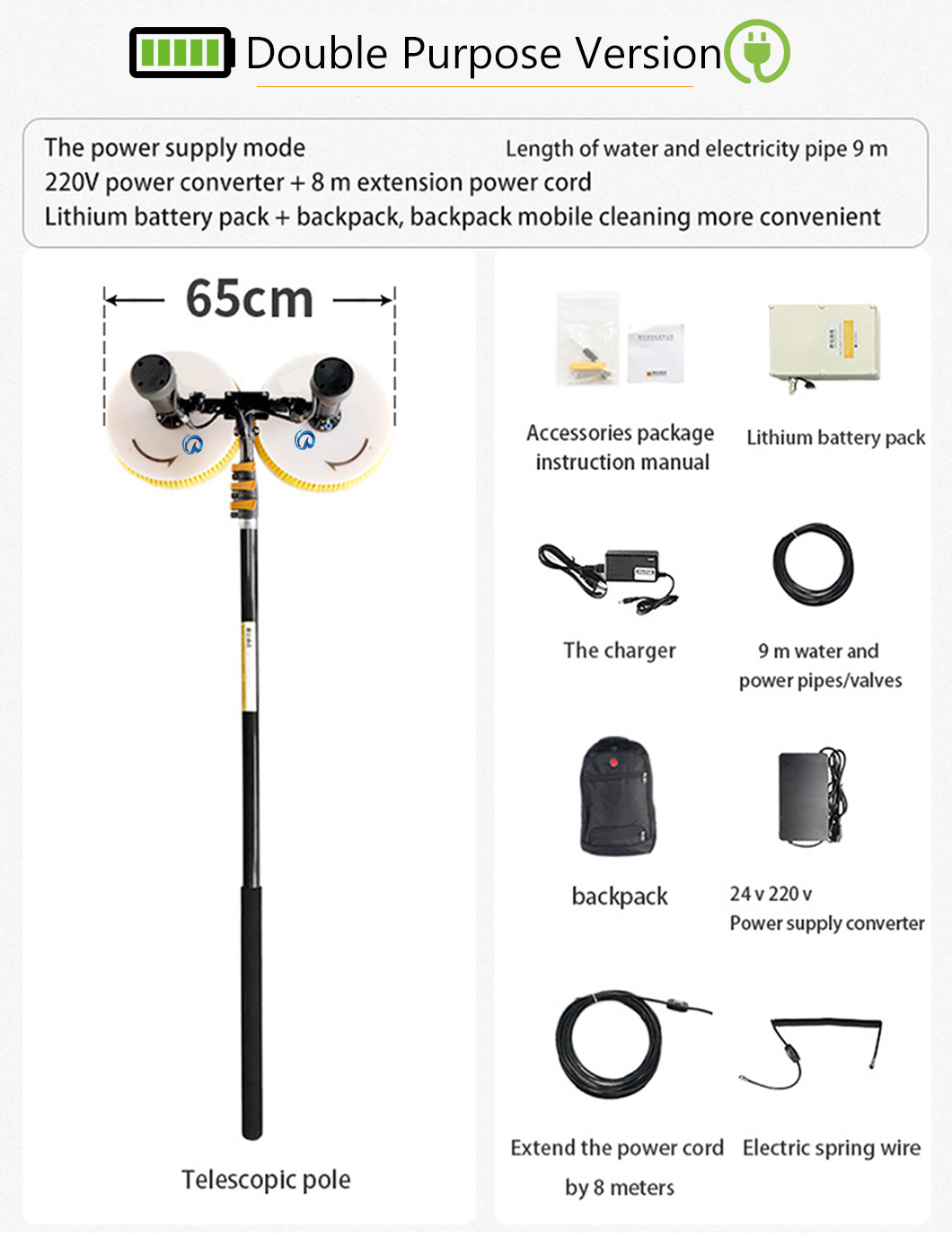 Water Powered Solar Panel Cleaning Tool Portable Solar Panel Cleaning Brush with Double Rotating Heads and 7.5-Meter Telescopic Pole