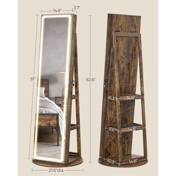 Lockable Full Length Mirror Cabinet Adjustable Lights LED Mirror Jewelry Cabinet Brown