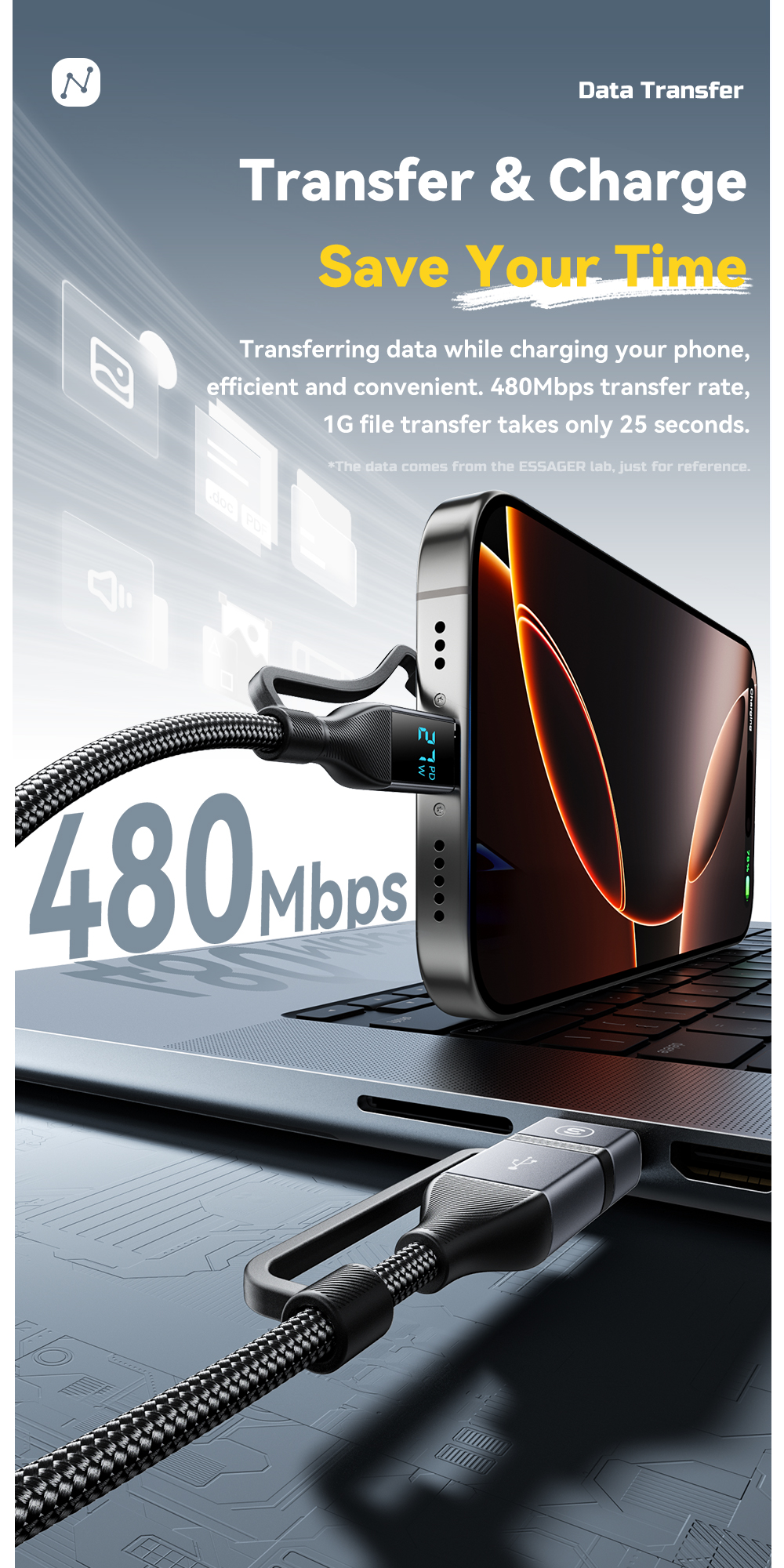 ESSAGER ES-X70 4 in 1 USB A/C to C/L Charging Data Cable PD and QC Charging for All Devices