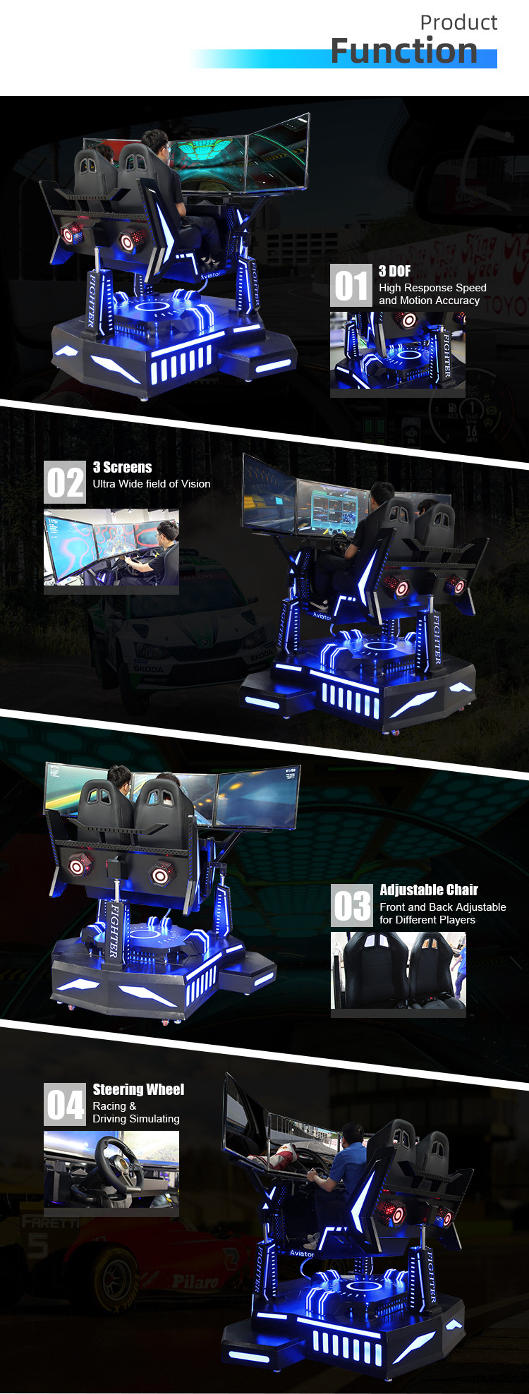 2 Players Three Screen Racing Simulator Adjustable Driving Game Steering Wheel Simulator