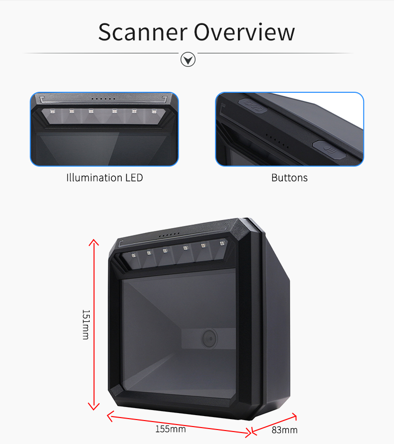 Desktop Wired USB Barcode Scanner with Red LED Illumination and Omni Directional Scanning