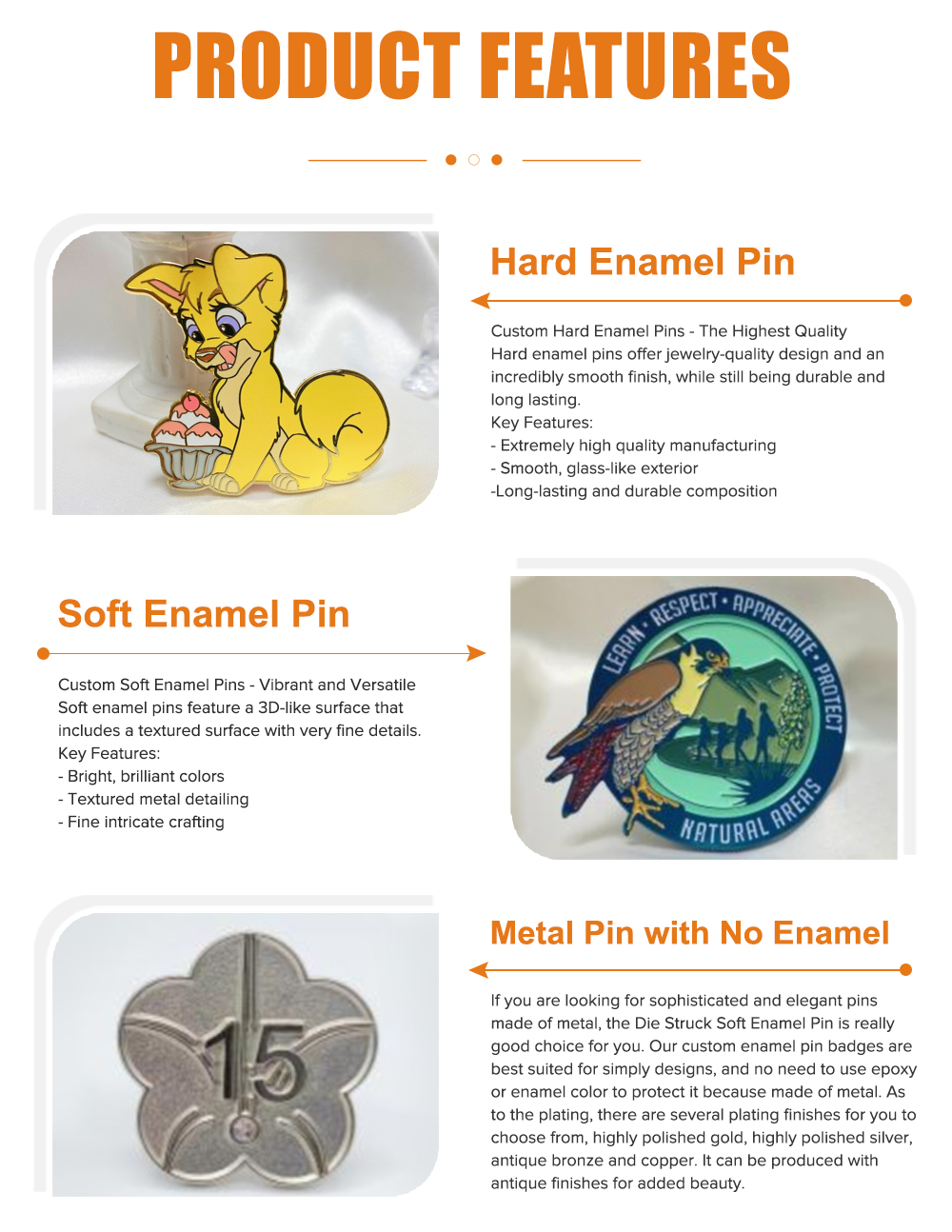 High Quality Casting Metal Crafts Rose Gold Plating Badge Pin Metal Hard Custom Enamel Pins