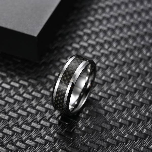 Round Rotatable Polish Black Silver Simple Men Rings Stainless Steel And Carbon Fiber Rings