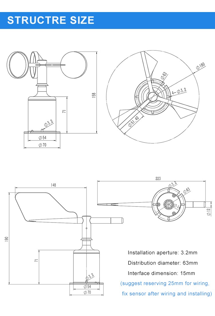 DC9-30V Power Supply Wind Speed Direction Sensor with ± 3° Accuracy and CE Certification