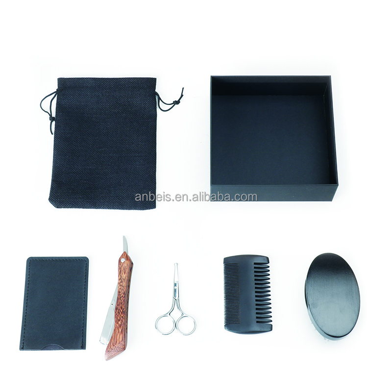 Customize Logo Black Beard Brush And Comb Set With Beard Razor Shaving Scissors
