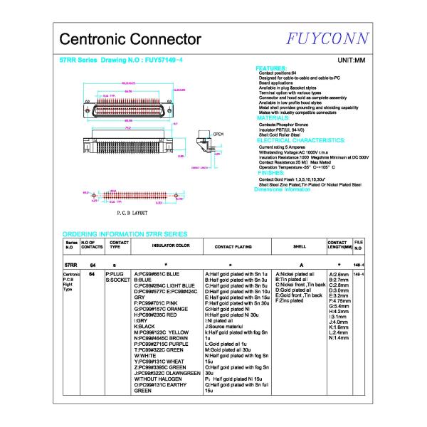 32 Pairs Amphenol PCB Right Angle Female 64 Pin Centronics Connector