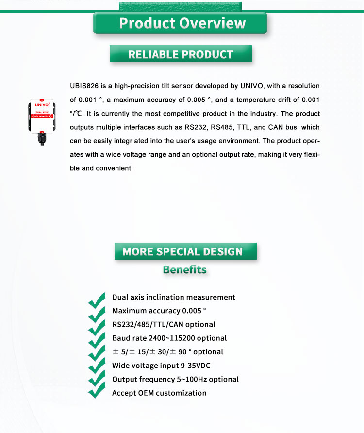 UNIVO UBIS-826 High Precision Dual Axis Inclinometer with 4-20mA RS232 RS485 TTL CAN
