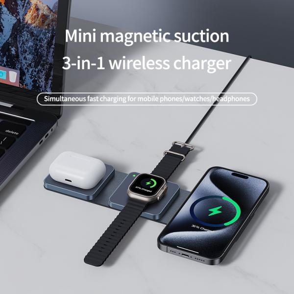Blue Compact Foldable 3 in 1 Wireless Travel Charger 15W for iPhone Airpods iWatch