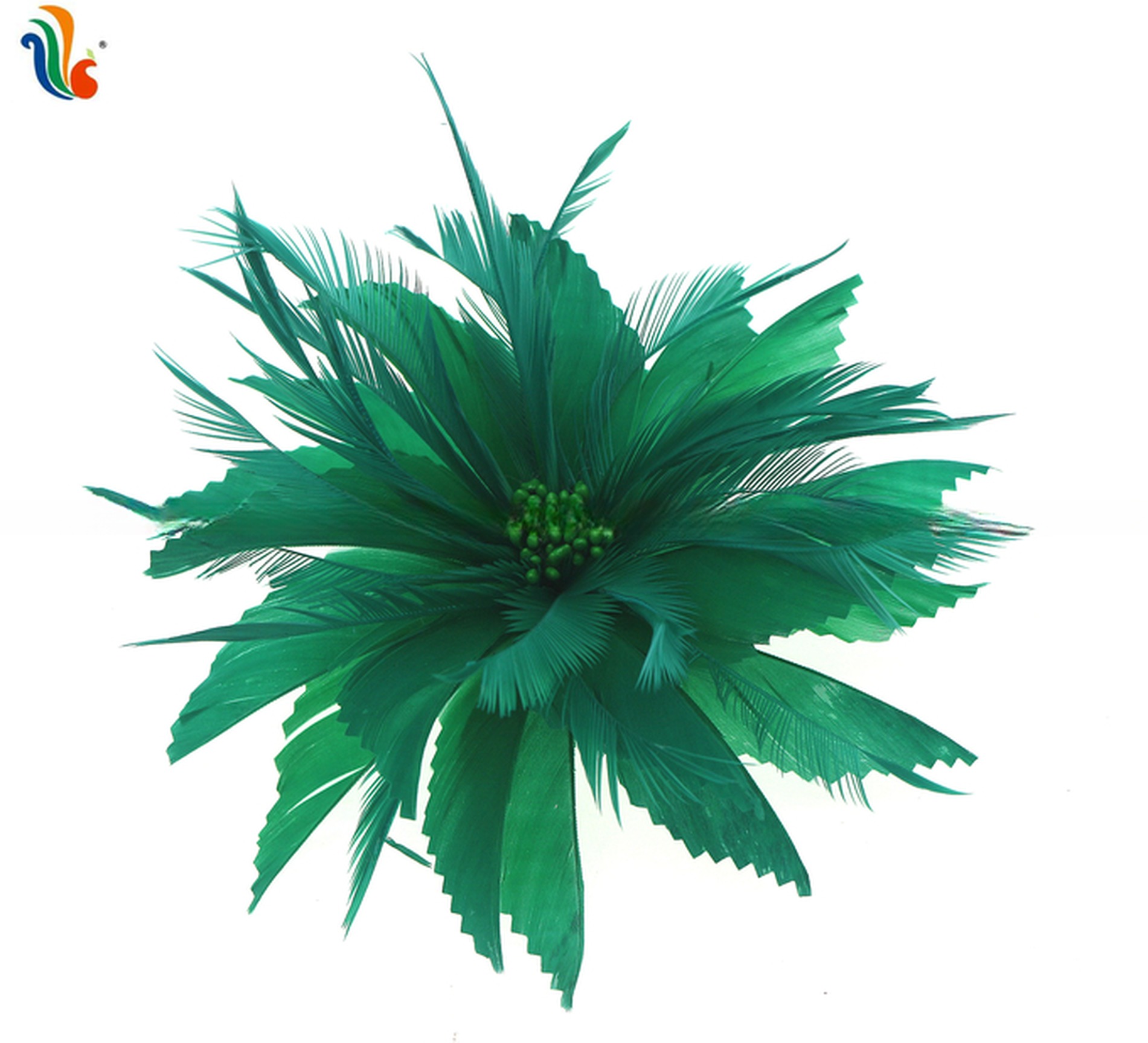 Patterned Chicken Headband Feather Mounts , Dyed Green Goose Feather Flowers