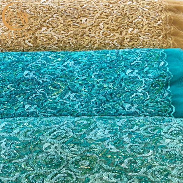 ODM Mint Green Handmade Lace Fabric With Beads 135Cm Width