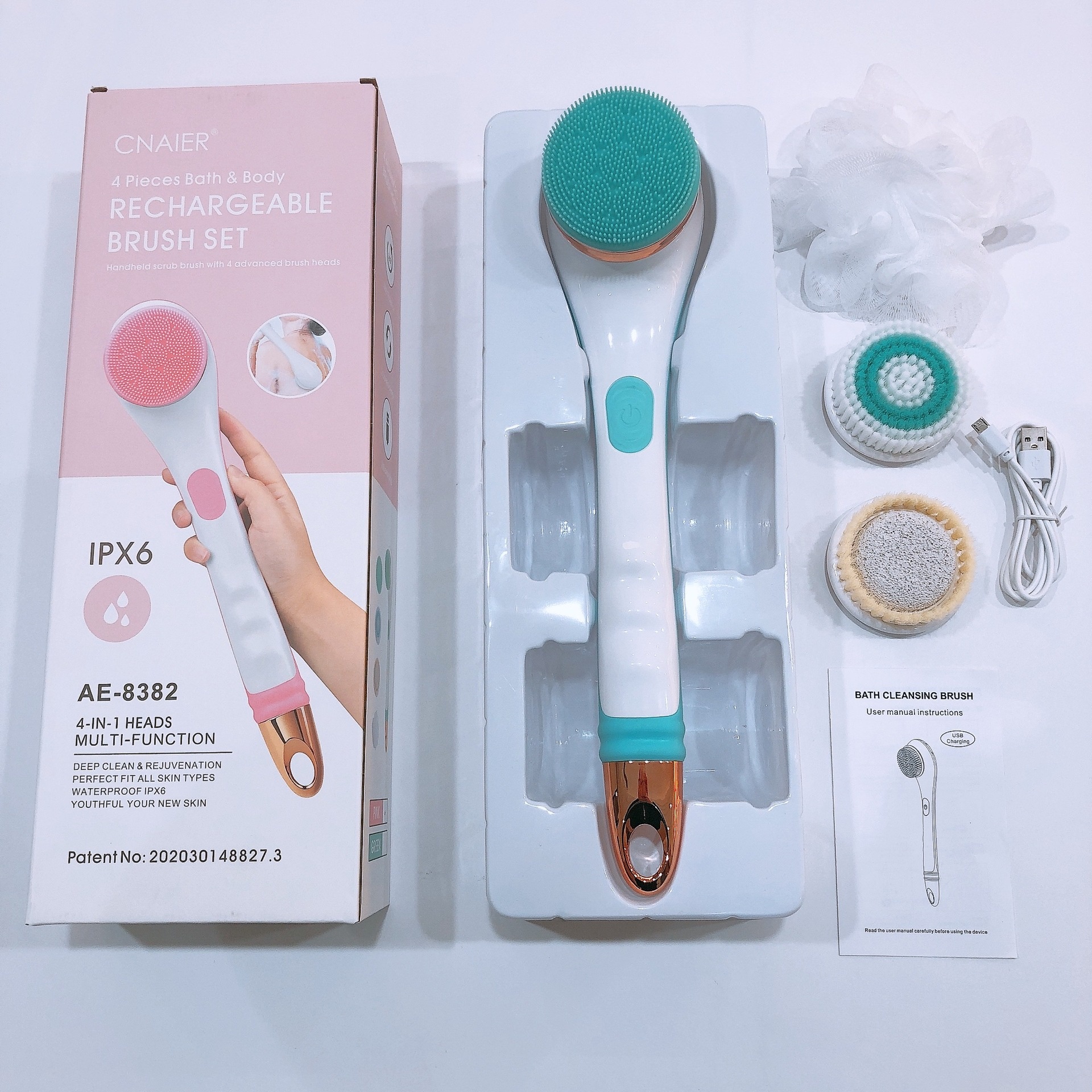 Fully Automatic Rechargeable Electric Bath Brush with Long Handle Silicone Body Massage Scrubber