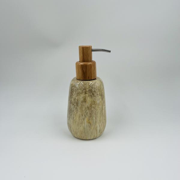 Round Shape Marble Print Polyresin Bathroom Accessories Soap Dispenser With Wood Part