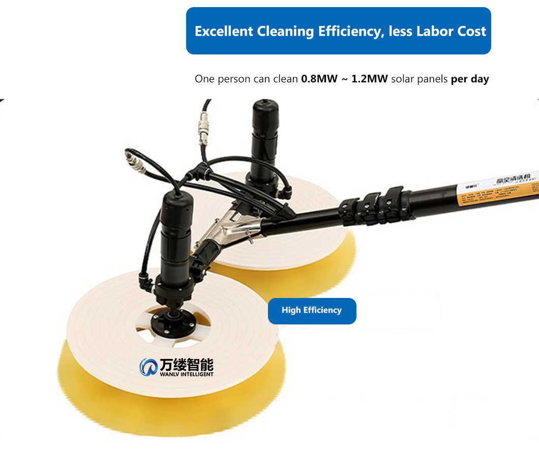Water Powered Solar Panel Cleaning Tool Portable Solar Panel Cleaning Brush with Double Rotating Heads and 7.5-Meter Telescopic Pole