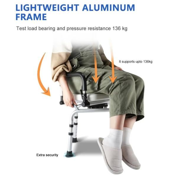 Adjustable Height with Removable Back 360 Degree Rotary Shower Chair with Armrests and Back