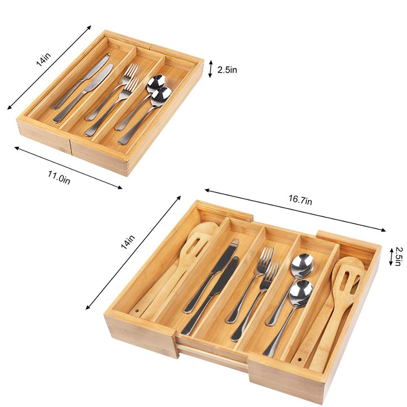 Adjustable Bamboo Drawer Dividers Organizer for Silverware Rectangle Wood Cutlery Tray