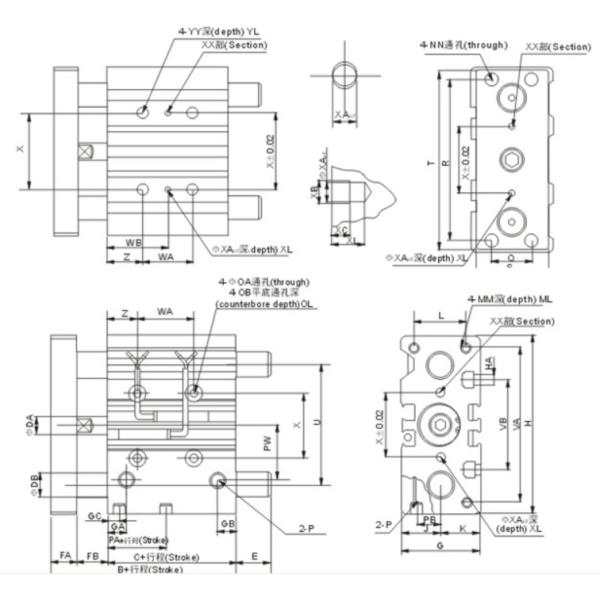Compact 3 Shaft Double Acting Pneumatic Air Cylinder Sliding Bearing Type With Guided Rod Plate