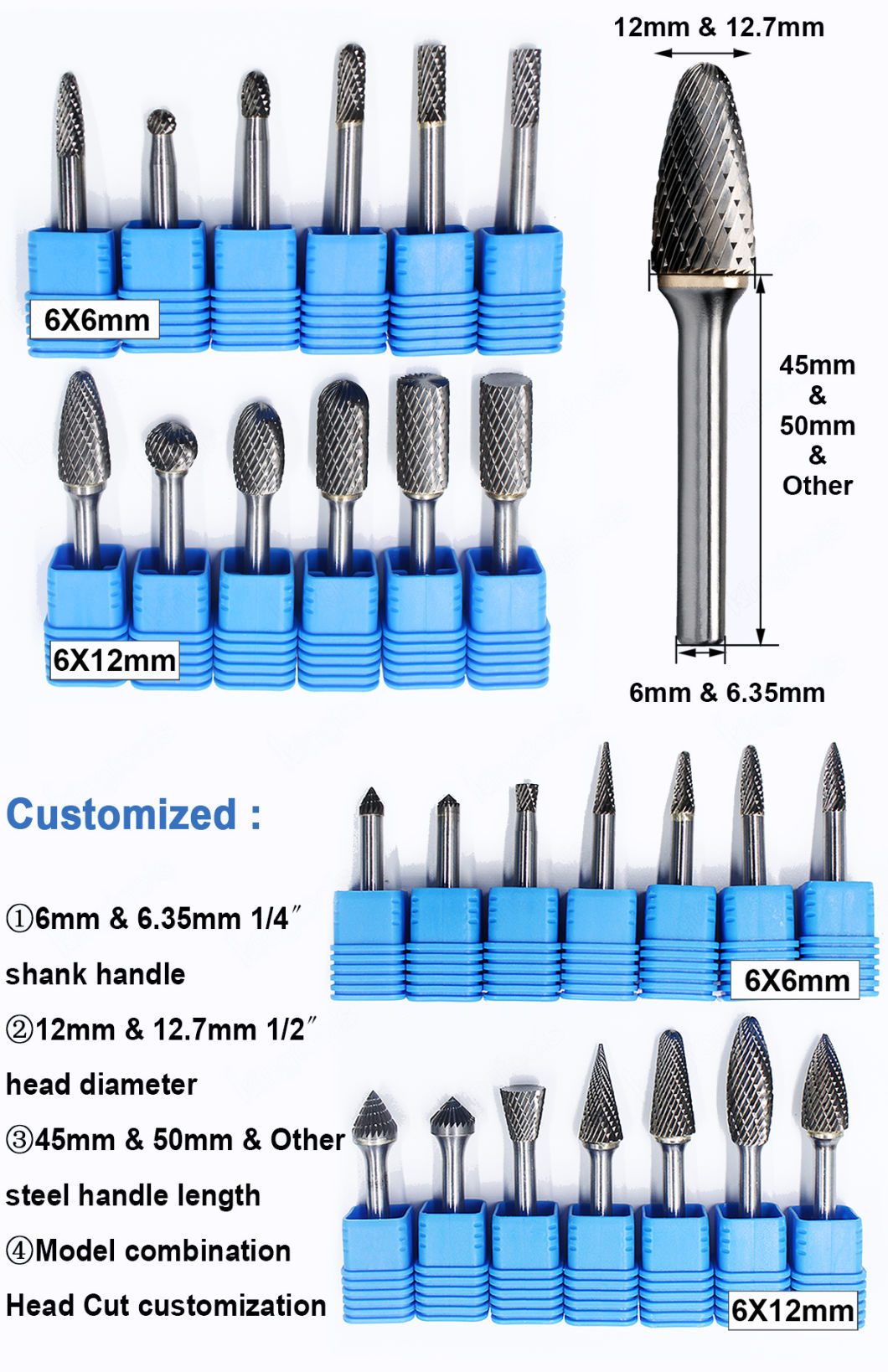 10PCS 6X10mm Carbid Rotari Carving Bur Yg8 Bit Five-Linkage CNC Tool Grinder Steel 1/4&quot; Shank Tungsten Carbide Burr Set
