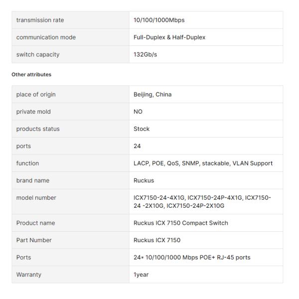 Ruckus ICX7150 Series 24 Port PoE+ Gigabit Ethernet Network Switch ICX7150-24P-4X1G