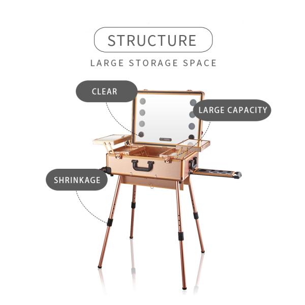 Beautiful Rolling Makeup Case With Lighted Mirror , Makeup Trolley With Mirror