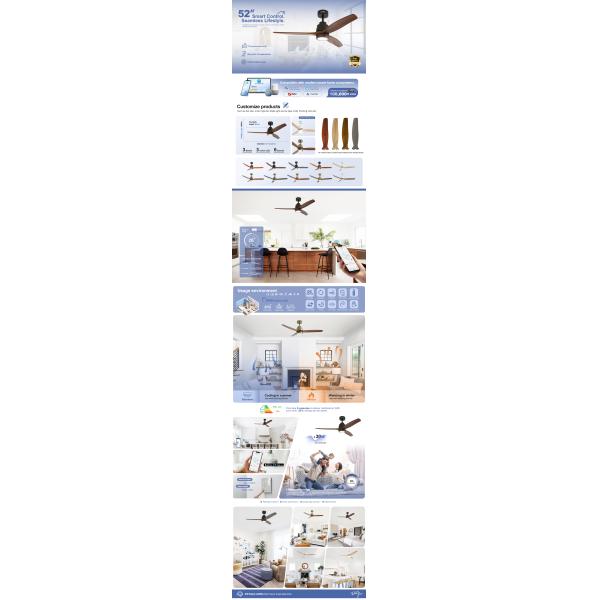 1stshine 52 Inch Indoor Ceiling Fan with Light and Remote Control 3 Solid Blades