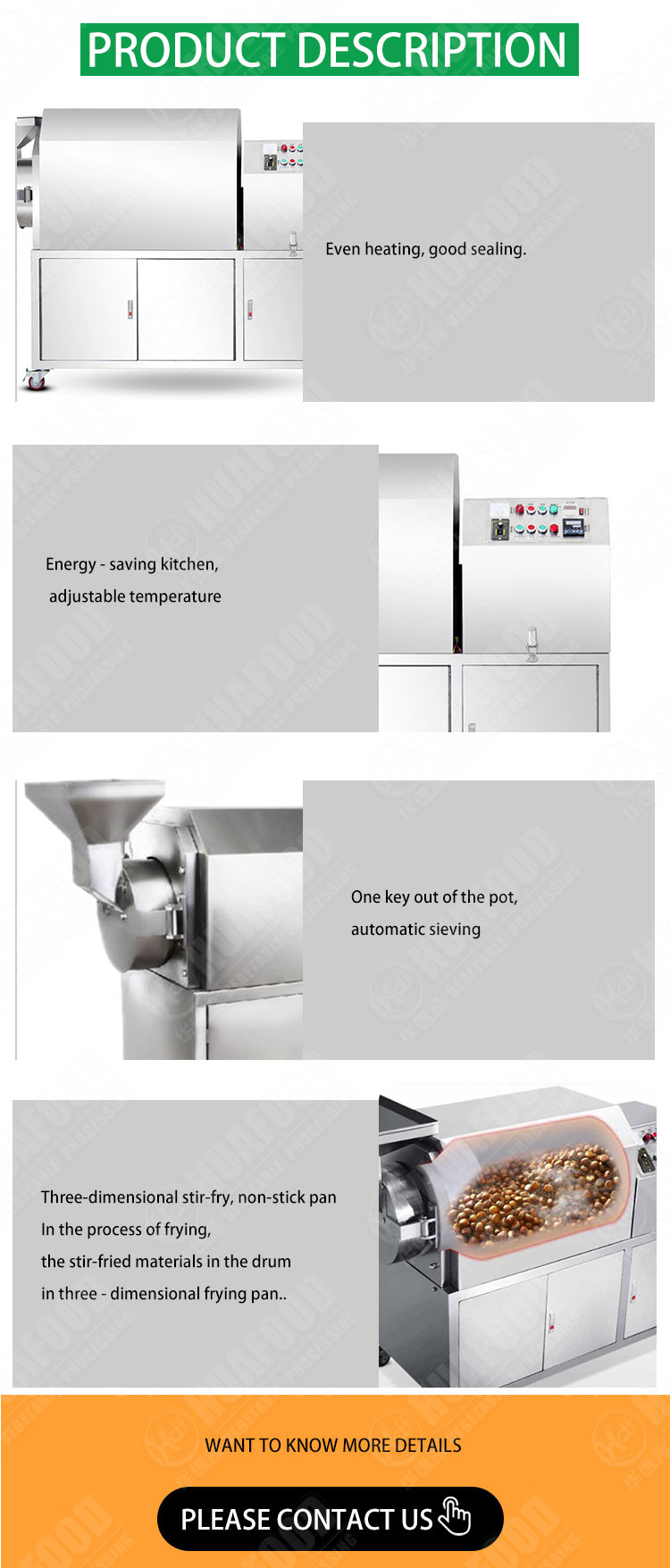 Wheat Roasting Cocoa Bean Peanut Roaster Machine