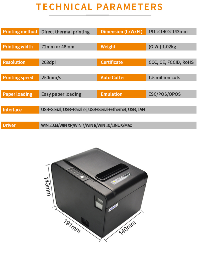 Easy Loading Thermal Receipt Printer RP326 Portable USB Ethernet Serial Parallel