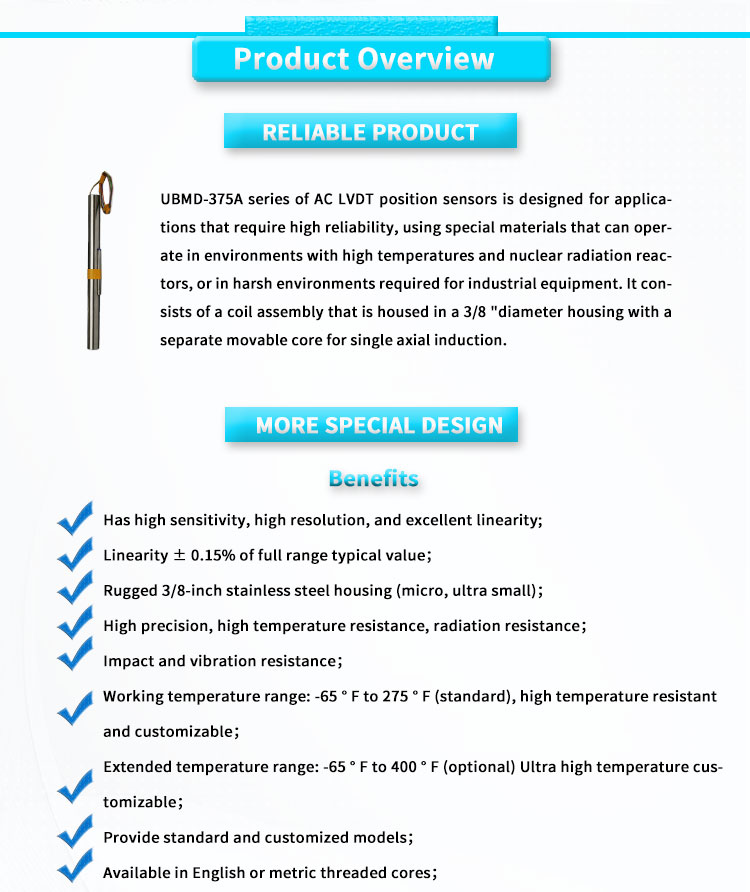UNIVO UBMD-375AY High-Temperature LVDT Linear Displacement Sensor with AC and DC Power