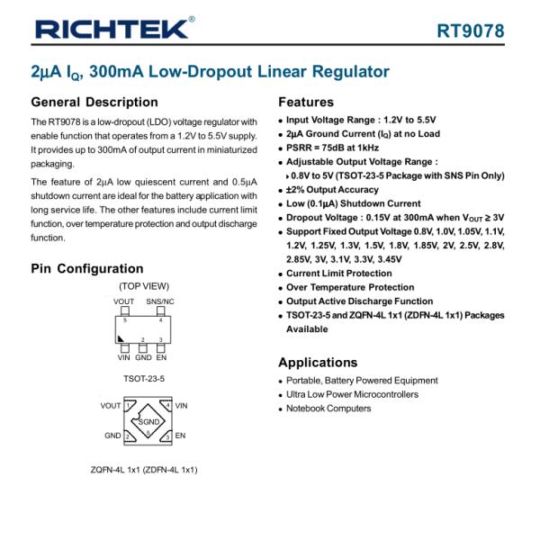 RT9078-28GJ5 LDO Voltage Regulators 2A IQ 300mA Low-Dropout Linear Regulator
