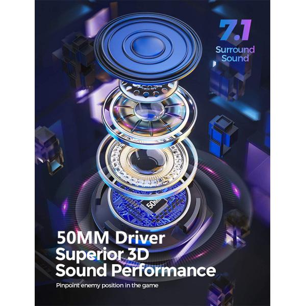 Overear 7.1 Surround Sound Headsets 50mm Driver With RGB Light