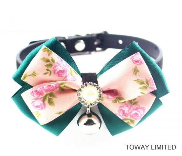 Quality Cute Lace Bowtie with Bell Dog Collars Leather Pet Leads for sale