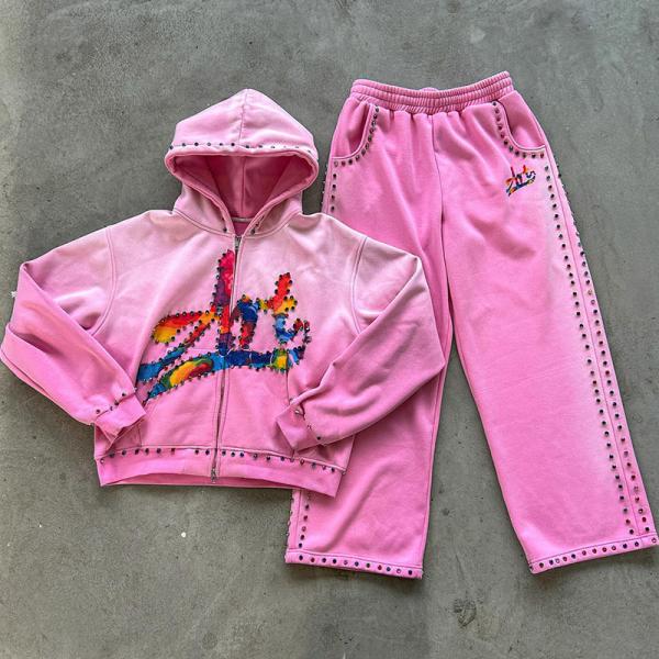 Quality Custom Pink Diamond Hoodie Set Rhinestone Acid Wash Vintage Embroidered Hoodies Sweat Pant Sweat Suits Hoodie And Sweatpants Set for sale