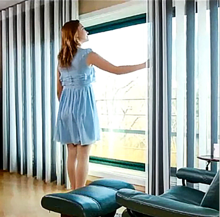 Elegant light filtering light blue Shangri la blinds vertical with Smart home system app/with manual chain rope