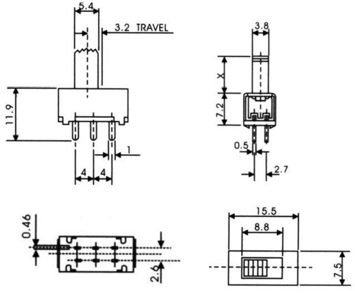 Slide Switch，2P2T 6 Pin Sliding Door Light Switch ，Interruptor On-Off Vertical Push Tact Switch,Mini Toggle Switch