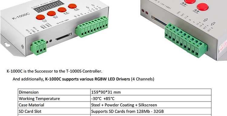 LED Pixel Controller T-1000s K-1000c K-8000c SD Card Programmable Ws2811 Ws2812b Ws2815 Sk6812 RGB LED Strip Pixel Contr