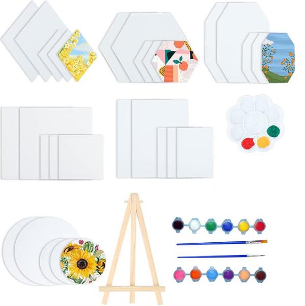 Quality Hexagon Round Rectangle Shape Canvas Painting Sets With Palettes Easels Sponges for sale
