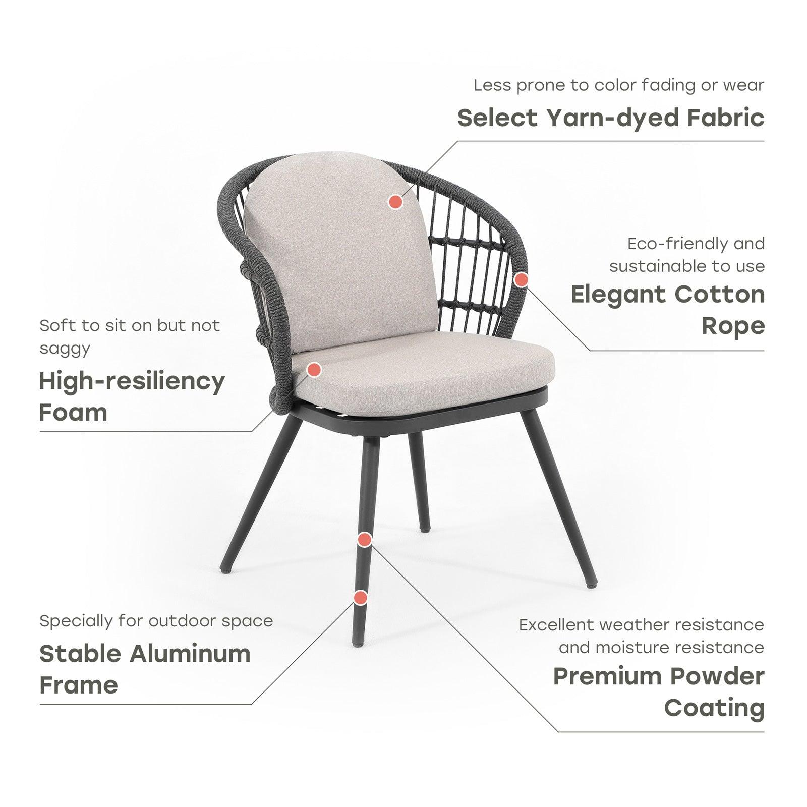 Courtyard Outdoor Dining Set with Round Tempered Glass Table and Rope Weave Armchair