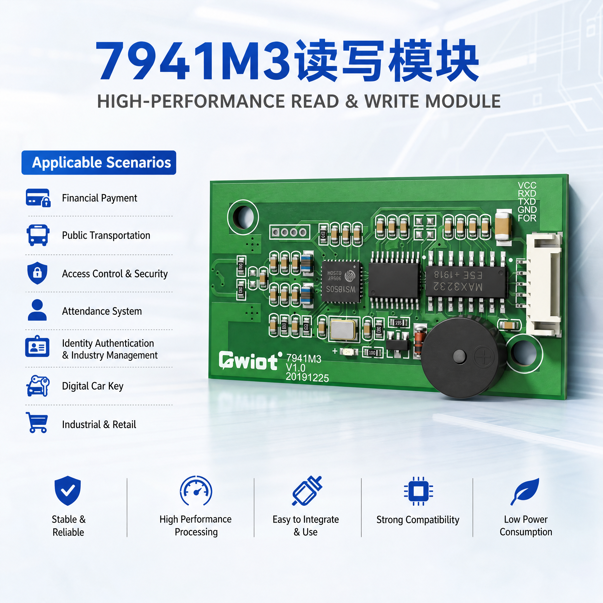 JP-7941M3 RFID Read Module 13.56MHz HF 3.3‑5.5V, Max 5cm Reading Distance for Access Control